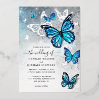 Elegante Watercolor Blue Butterfly Hochzeit Real