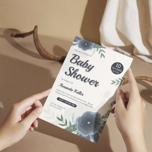 Elegante Watercolor Blue Floral Baby Shower Einladung