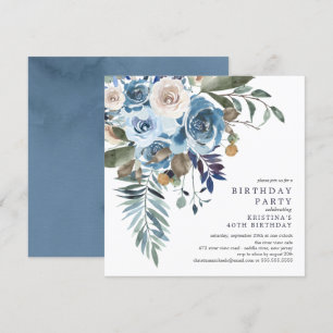 Elegante Watercolor Blue Floral Geburtstagsparty I Einladung