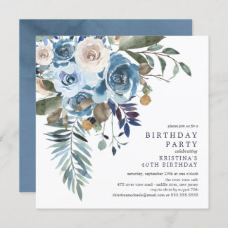 Elegante Watercolor Blue Floral Geburtstagsparty I Einladung