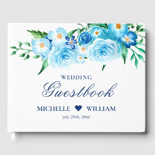 Elegante Watercolor Blue Floral White Wedding Gästebuch (Vorderseite)