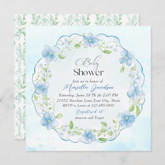 Elegante Watercolor Blue Flowers Babydusche Einladung (Vorne/Hinten)