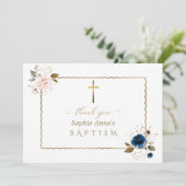 Elegante Watercolor Blue Gold Blume Twins Taufe Dankeskarte (Stehend Vorderseite)