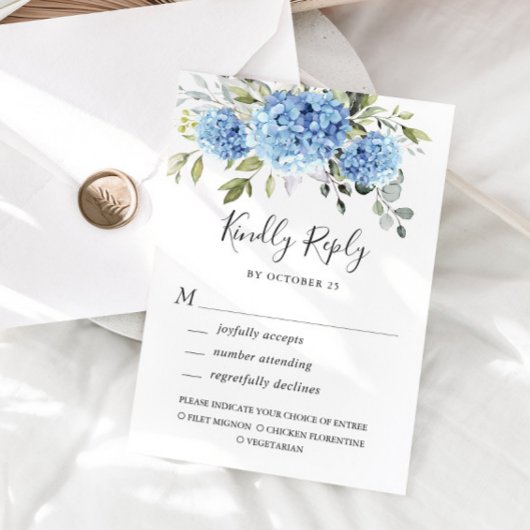 Elegante Watercolor Blue Hydrangea Blume Hochzeit RSVP Karte