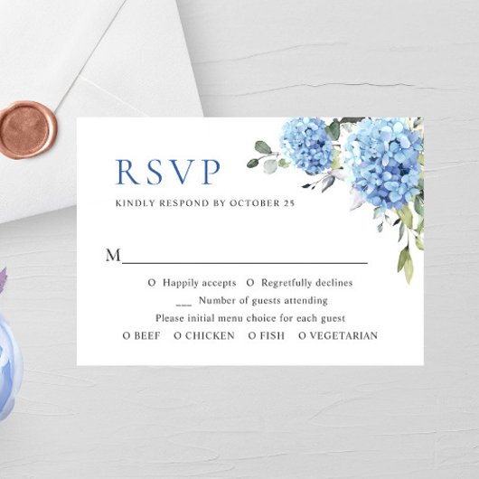 Elegante Watercolor Blue Hydrangea Blume Hochzeit RSVP Karte