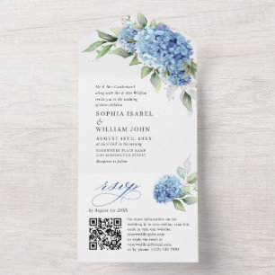 Elegante Watercolor Blue Hydrangea Blumenhochzeit All In One Einladung
