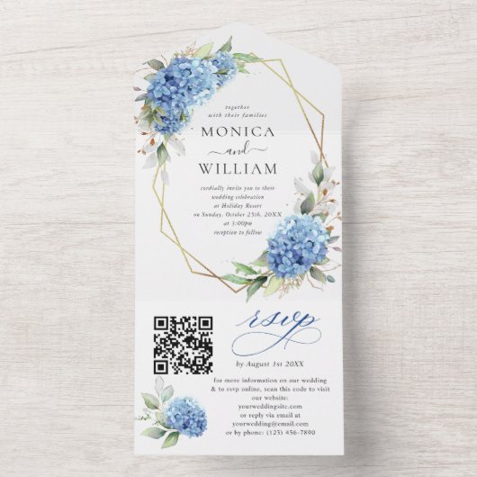 Elegante Watercolor Blue Hydrangea Blumenhochzeit All In One Einladung (Innen Boden)