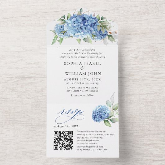 Elegante Watercolor Blue Hydrangea Blumenhochzeit All In One Einladung (Innen Boden)