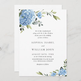 Elegante Watercolor Blue Hydrangea Blumenhochzeit Einladung