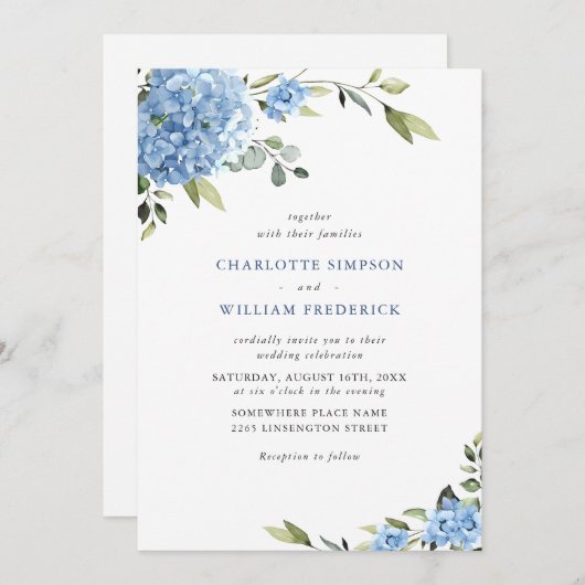 Elegante Watercolor Blue Hydrangea Blumenhochzeit Einladung (Vorne/Hinten)