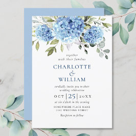 Elegante Watercolor Blue Hydrangea Blumenhochzeit Einladung