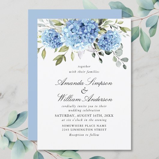 Elegante Watercolor Blue Hydrangea Blumenhochzeit Einladung