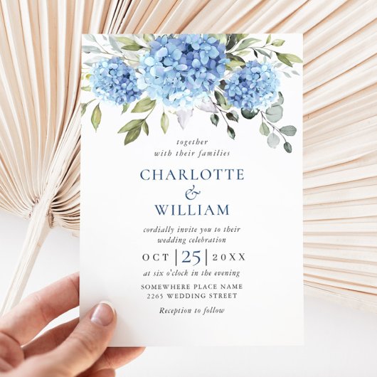 Elegante Watercolor Blue Hydrangea Blumenhochzeit Einladung