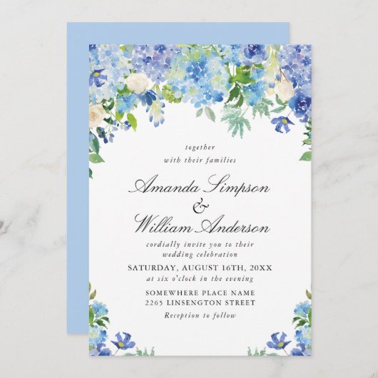 Elegante Watercolor Blue Hydrangea Blumenhochzeit Einladung (Vorne/Hinten)