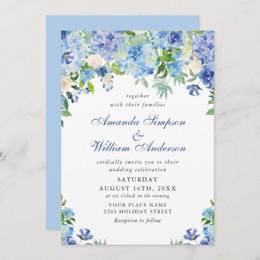 Elegante Watercolor Blue Hydrangea Blumenhochzeit Einladung (Vorne/Hinten)