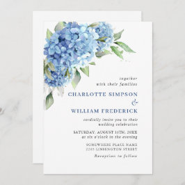 Elegante Watercolor Blue Hydrangea Blumenhochzeit Einladung