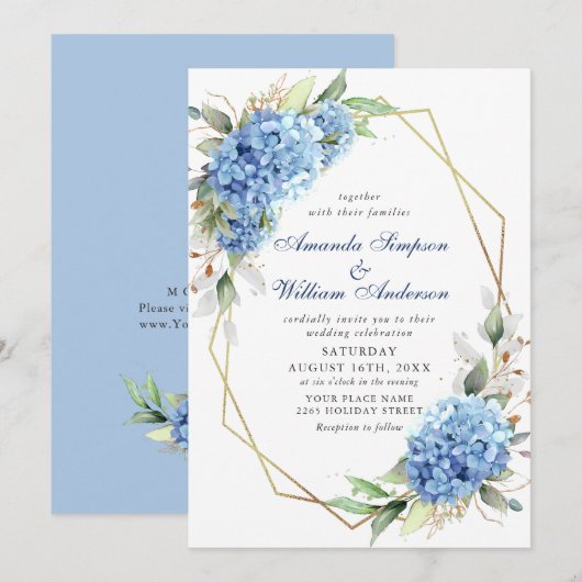Elegante Watercolor Blue Hydrangea Blumenhochzeit Einladung (Vorne/Hinten)