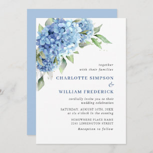 Elegante Watercolor Blue Hydrangea Blumenhochzeit Einladung