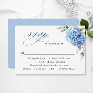 Elegante Watercolor Blue Hydrangea Blumenhochzeit RSVP Karte