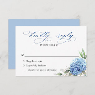 Elegante Watercolor Blue Hydrangea Blumenhochzeit RSVP Karte