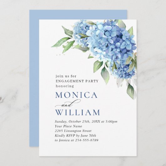 Elegante Watercolor Blue Hydrangea ENGAGEMENT PART Einladung (Vorne/Hinten)