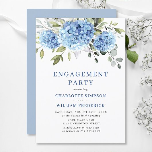 Elegante Watercolor Blue Hydrangea ENGAGEMENT PART Einladung