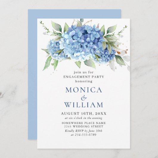 Elegante Watercolor Blue Hydrangea ENGAGEMENT PART Einladung (Vorne/Hinten)