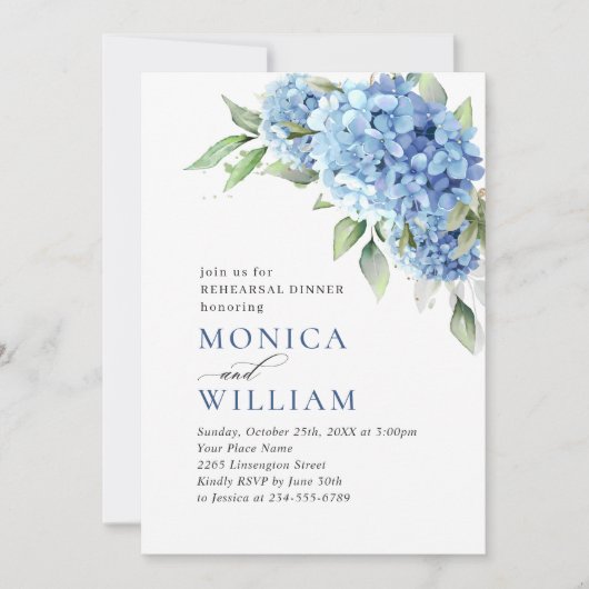 Elegante Watercolor Blue Hydrangea PROBE DINNER Einladung (Vorderseite)