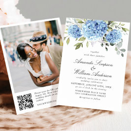 Elegante Watercolor Blue Hydrangea Wedding QR Code Einladung