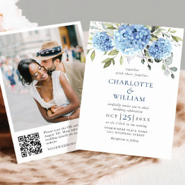 Elegante Watercolor Blue Hydrangea Wedding QR Code Einladung