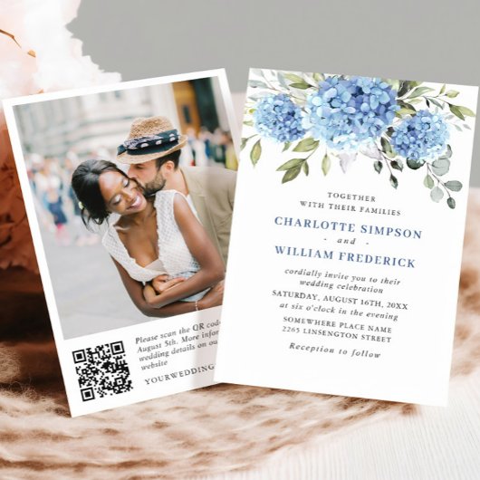 Elegante Watercolor Blue Hydrangea Wedding QR Code Einladung