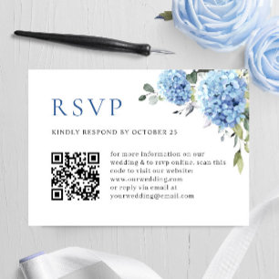 Elegante Watercolor Blue Hydrangea Wedding QR Code RSVP Karte