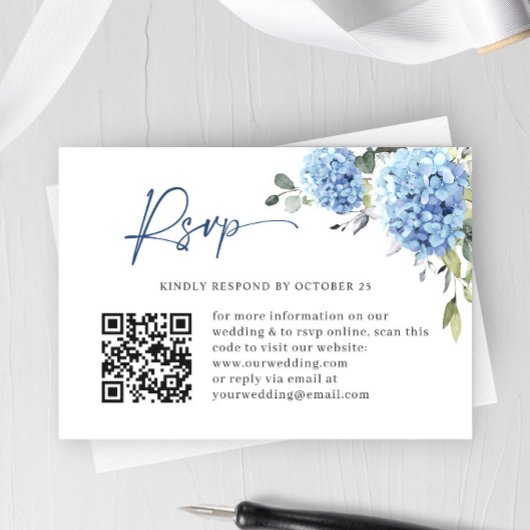 Elegante Watercolor Blue Hydrangea Wedding QR Code RSVP Karte