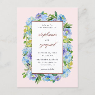 Elegante Watercolor Blue Hydrangeas Floral Wedding Einladungspostkarte