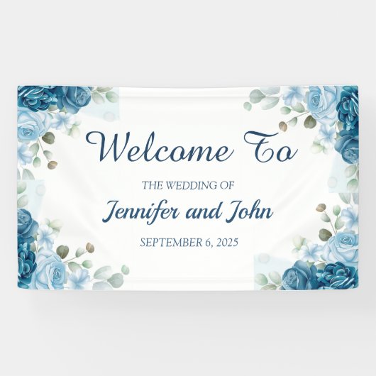 Elegante Watercolor Blue Rose Blumenhochzeit Banner (Horizontal)