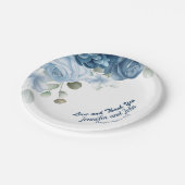 Elegante Watercolor Blue Rose Blumenhochzeit Pappteller (Schrägansicht)