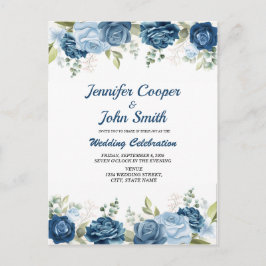 Elegante Watercolor Blue Rose Blumenhochzeit Postkarte