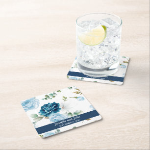 Elegante Watercolor Blue Rose Blumenhochzeit Rechteckiger Pappuntersetzer