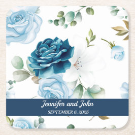 Elegante Watercolor Blue Rose Blumenhochzeit Rechteckiger Pappuntersetzer