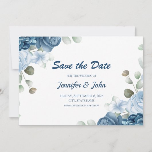 Elegante Watercolor Blue Rose Blumenhochzeit Save The Date (Vorderseite)