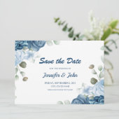 Elegante Watercolor Blue Rose Blumenhochzeit Save The Date (Stehend Vorderseite)