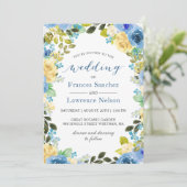 Elegante Watercolor Blue Yellow Rose Garden Weddin Einladung (Stehend Vorderseite)