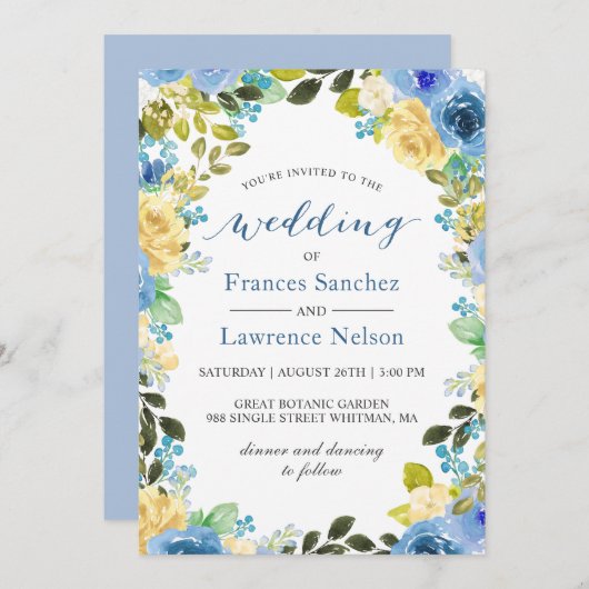 Elegante Watercolor Blue Yellow Rose Garden Weddin Einladung (Vorne/Hinten)