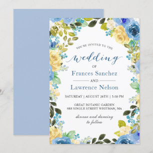 Elegante Watercolor Blue Yellow Rose Garden Weddin Einladung