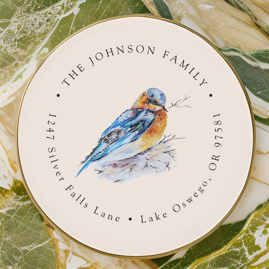 Elegante Watercolor Bluebird Rücksendeadresse Runder Aufkleber