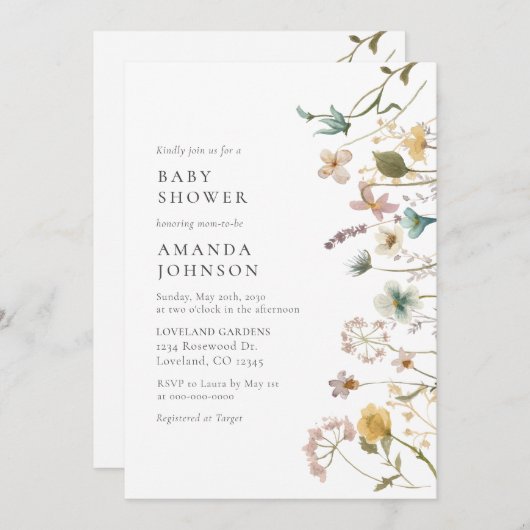 Elegante Watercolor Blumendusche Einladung (Vorne/Hinten)