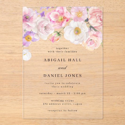 Elegante Watercolor Blütenhochzeit Acryleinladungen (Vorderseite)