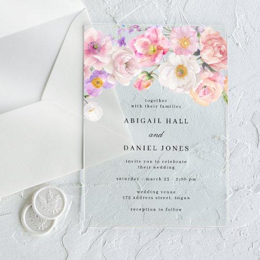 Elegante Watercolor Blütenhochzeit Acryleinladungen