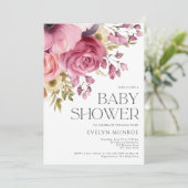 Elegante Watercolor Blütenpinke Babydusche Einladung (Stehend Vorderseite)