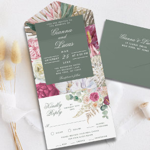 Elegante Watercolor Boho Floral Country Wedding Al All In One Einladung